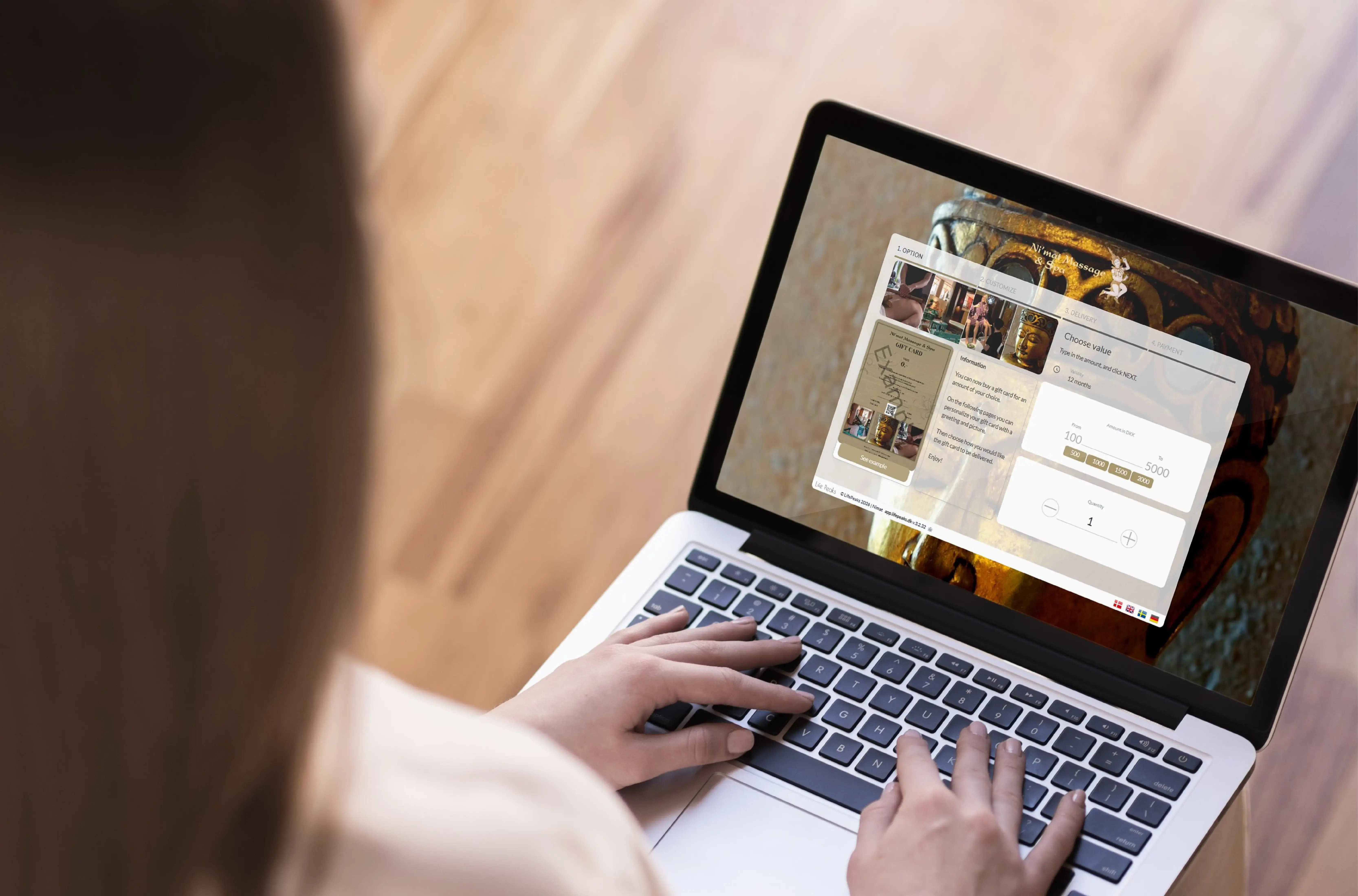 Life Peaks gift card platform shown on a laptop screen